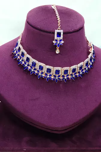 Blue rose gold premium designer american diamond and stone work necklace set