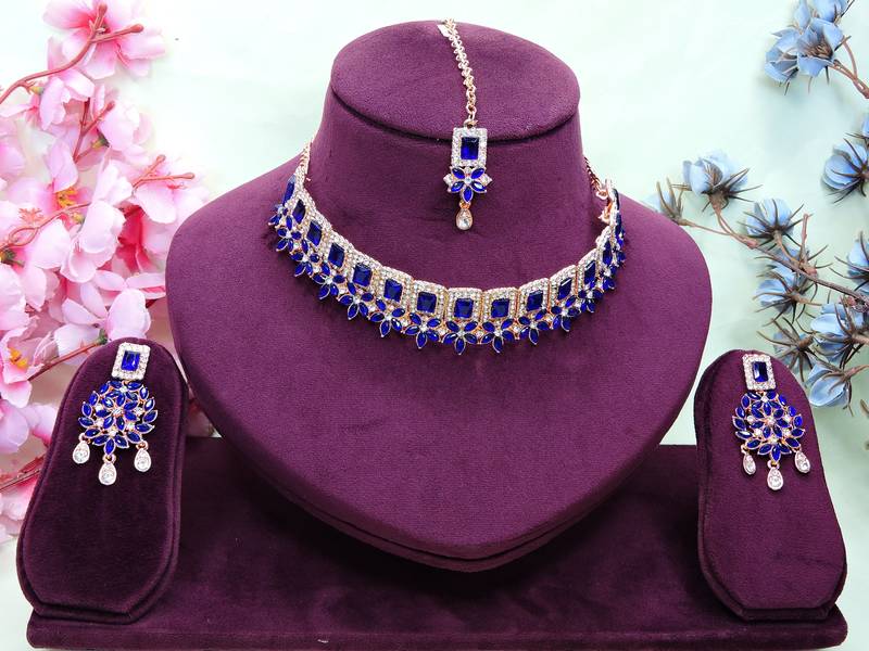 Blue rose gold premium designer american diamond and stone work necklace set
