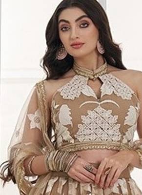 Beige Net Embroidered & Thread Work Semi Stitched Lehenga Choli 3