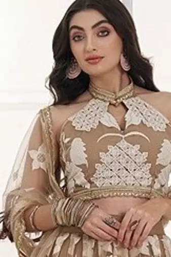 Beige Net Embroidered & Thread Work Semi Stitched Lehenga Choli