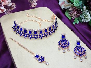 Blue rose gold premium designer american diamond and stone work necklace set 2
