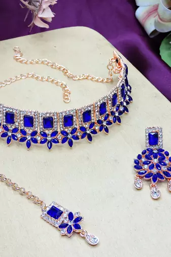 Blue rose gold premium designer american diamond and stone work necklace set