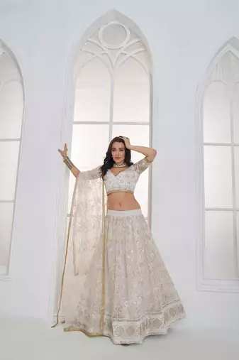 Off White Net Embroidered & Thread Work Semi Stitched Lehenga Choli