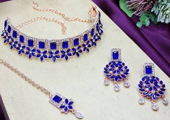 Blue rose gold premium designer american diamond and stone work necklace set 3