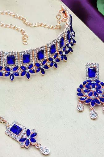 Blue rose gold premium designer american diamond and stone work necklace set