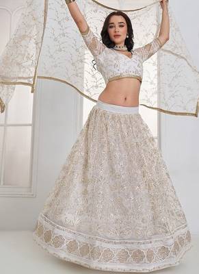 Off White Net Embroidered & Thread Work Semi Stitched Lehenga Choli 3