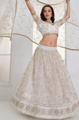 Off White Net Embroidered & Thread Work Semi Stitched Lehenga Choli