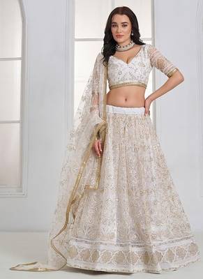 Off White Net Embroidered & Thread Work Semi Stitched Lehenga Choli 4