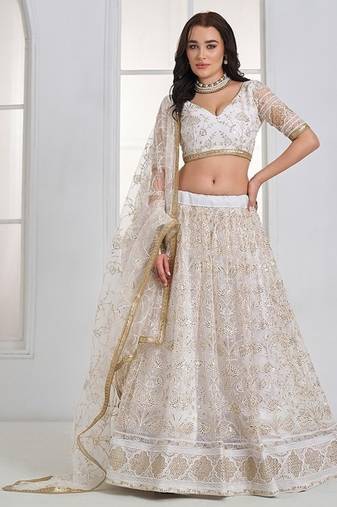 Off White Net Embroidered & Thread Work Semi Stitched Lehenga Choli
