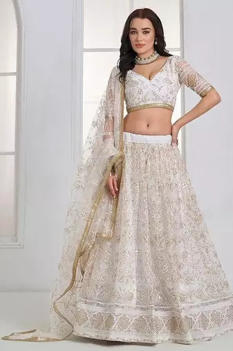 Off White Net Embroidered & Thread Work Semi Stitched Lehenga Choli
