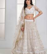 Off White Net Embroidered & Thread Work Semi Stitched Lehenga Choli