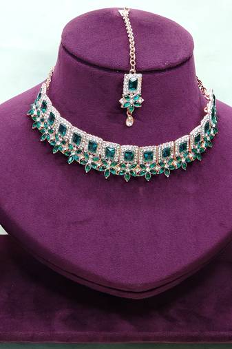 Green rose gold premium designer american diamond and stone work necklace set