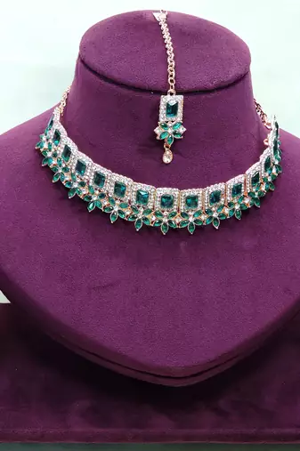 Green rose gold premium designer american diamond and stone work necklace set