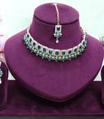 Green rose gold premium designer american diamond and stone work necklace set