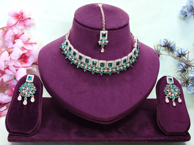 Green rose gold premium designer american diamond and stone work necklace set