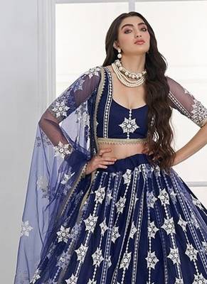 Navy Blue Net Embroidered & Thread Work Semi Stitched Lehenga Choli 1