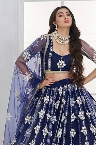 Navy Blue Net Embroidered & Thread Work Semi Stitched Lehenga Choli