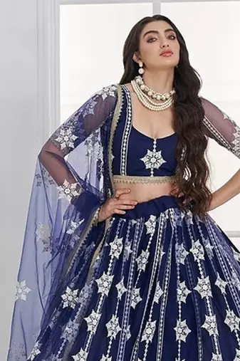 Navy Blue Net Embroidered & Thread Work Semi Stitched Lehenga Choli