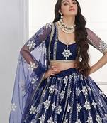 Navy Blue Net Embroidered & Thread Work Semi Stitched Lehenga Choli