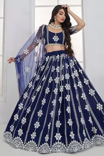 Navy Blue Net Embroidered & Thread Work Semi Stitched Lehenga Choli