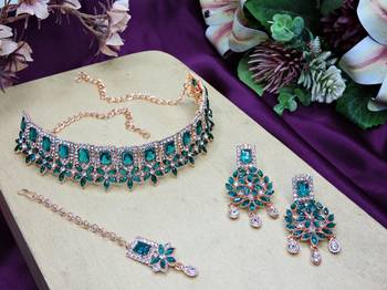 Green rose gold premium designer american diamond and stone work necklace set 2