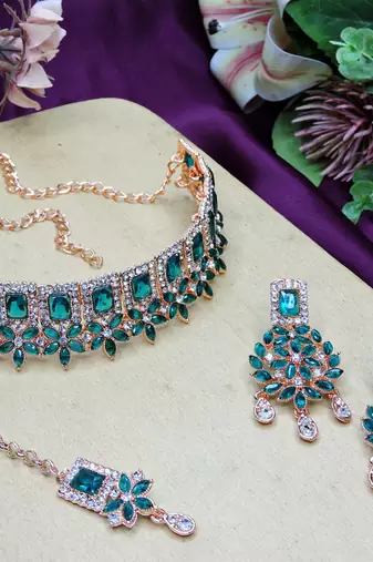 Green rose gold premium designer american diamond and stone work necklace set