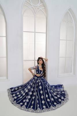 Navy Blue Net Embroidered & Thread Work Semi Stitched Lehenga Choli 3
