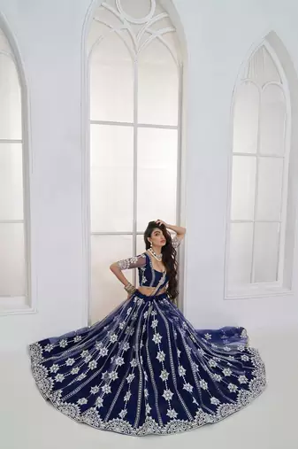 Navy Blue Net Embroidered & Thread Work Semi Stitched Lehenga Choli