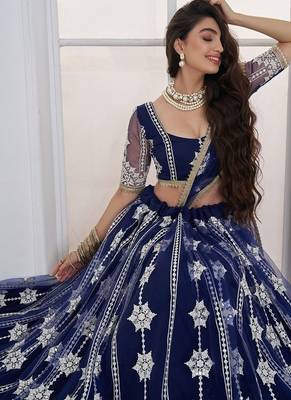 Navy Blue Net Embroidered & Thread Work Semi Stitched Lehenga Choli 4