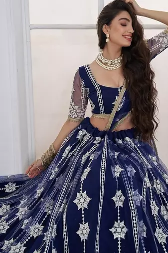Navy Blue Net Embroidered & Thread Work Semi Stitched Lehenga Choli