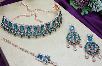 Green rose gold premium designer american diamond and stone work necklace set 3