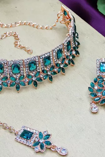 Green rose gold premium designer american diamond and stone work necklace set