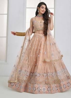 Peach Net Embroidered & Thread Work Semi Stitched Lehenga Choli 1