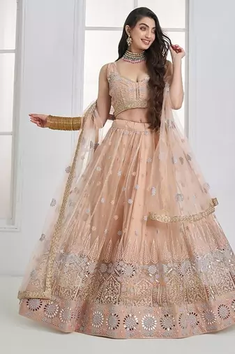Peach Net Embroidered & Thread Work Semi Stitched Lehenga Choli