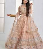 Peach Net Embroidered & Thread Work Semi Stitched Lehenga Choli