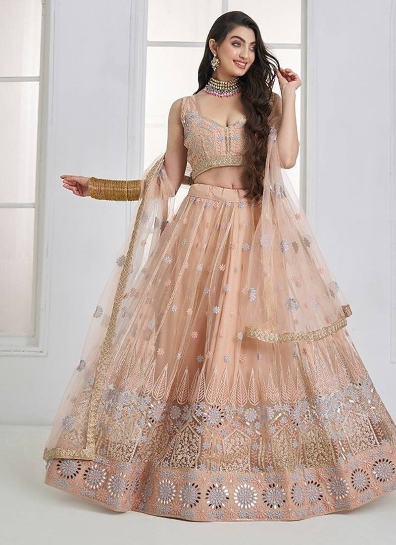 Peach Net Embroidered & Thread Work Semi Stitched Lehenga Choli
