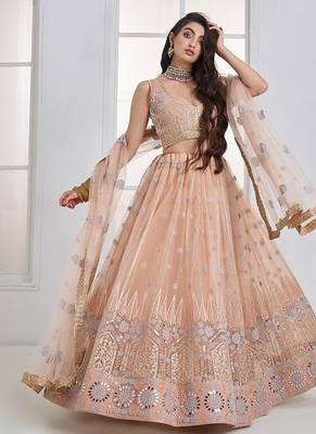 Peach Net Embroidered & Thread Work Semi Stitched Lehenga Choli 2