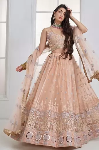 Peach Net Embroidered & Thread Work Semi Stitched Lehenga Choli