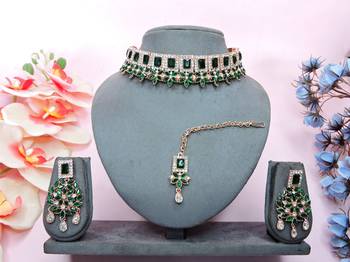 Green rose gold premium designer american diamond and stone work necklace set 1
