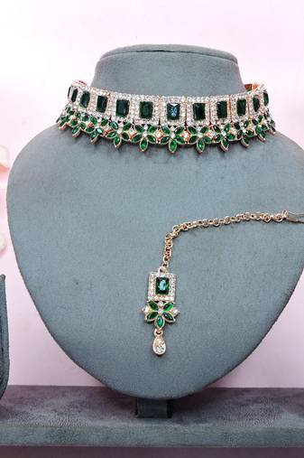 Green rose gold premium designer american diamond and stone work necklace set