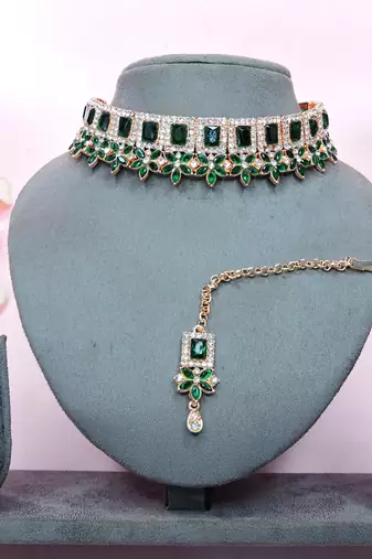 Green rose gold premium designer american diamond and stone work necklace set