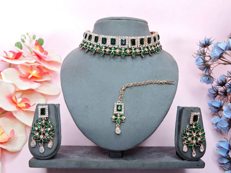Green rose gold premium designer american diamond and stone work necklace set