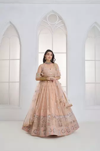 Peach Net Embroidered & Thread Work Semi Stitched Lehenga Choli