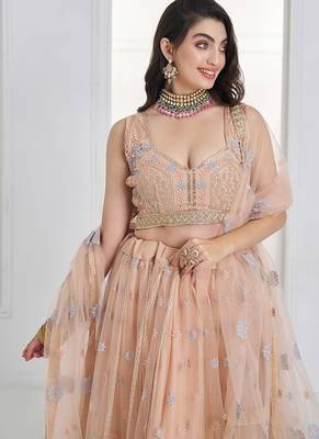 Peach Net Embroidered & Thread Work Semi Stitched Lehenga Choli 4
