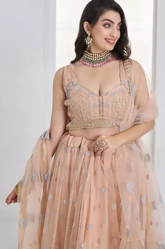 Peach Net Embroidered & Thread Work Semi Stitched Lehenga Choli