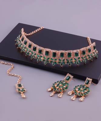 Green rose gold premium designer american diamond and stone work necklace set 2