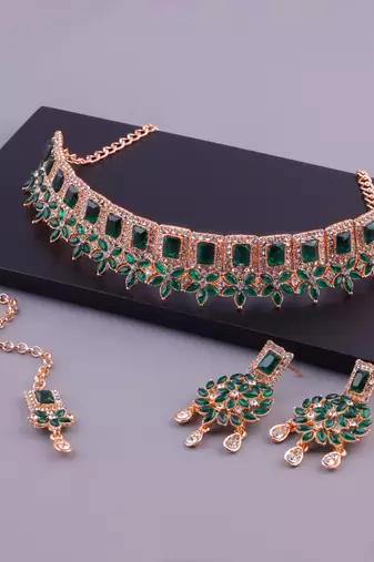 Green rose gold premium designer american diamond and stone work necklace set