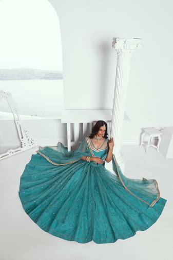 Blue Net Embroidered & Thread Work Semi Stitched Lehenga Choli