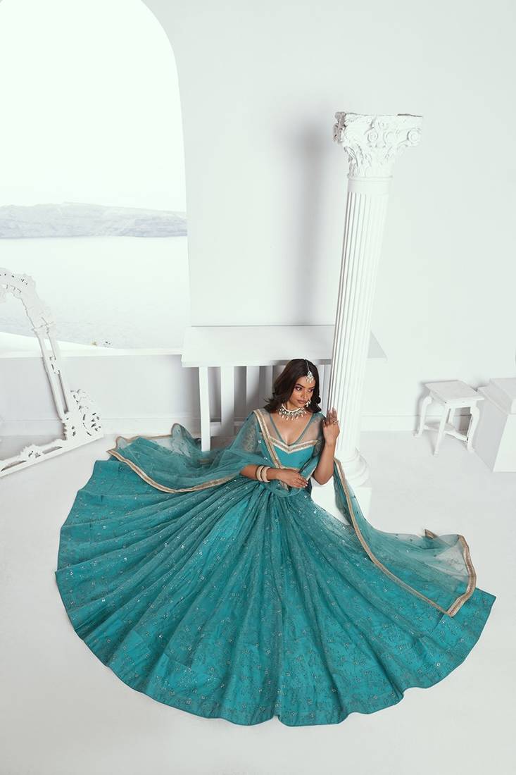 Blue Net Embroidered & Thread Work Semi Stitched Lehenga Choli