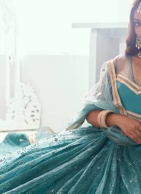 Blue Net Embroidered & Thread Work Semi Stitched Lehenga Choli 3